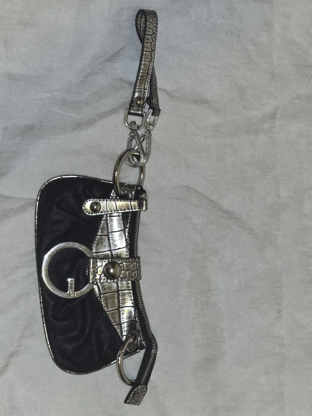 Guess Black Wristlet Clutch with Metallic Silver Croc Accents